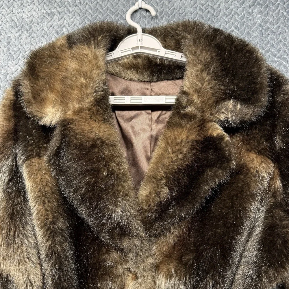 VTG Russell Taylor Faux Fur Coat Belted Women's M/L Brown Patchwork 60s 70s READ